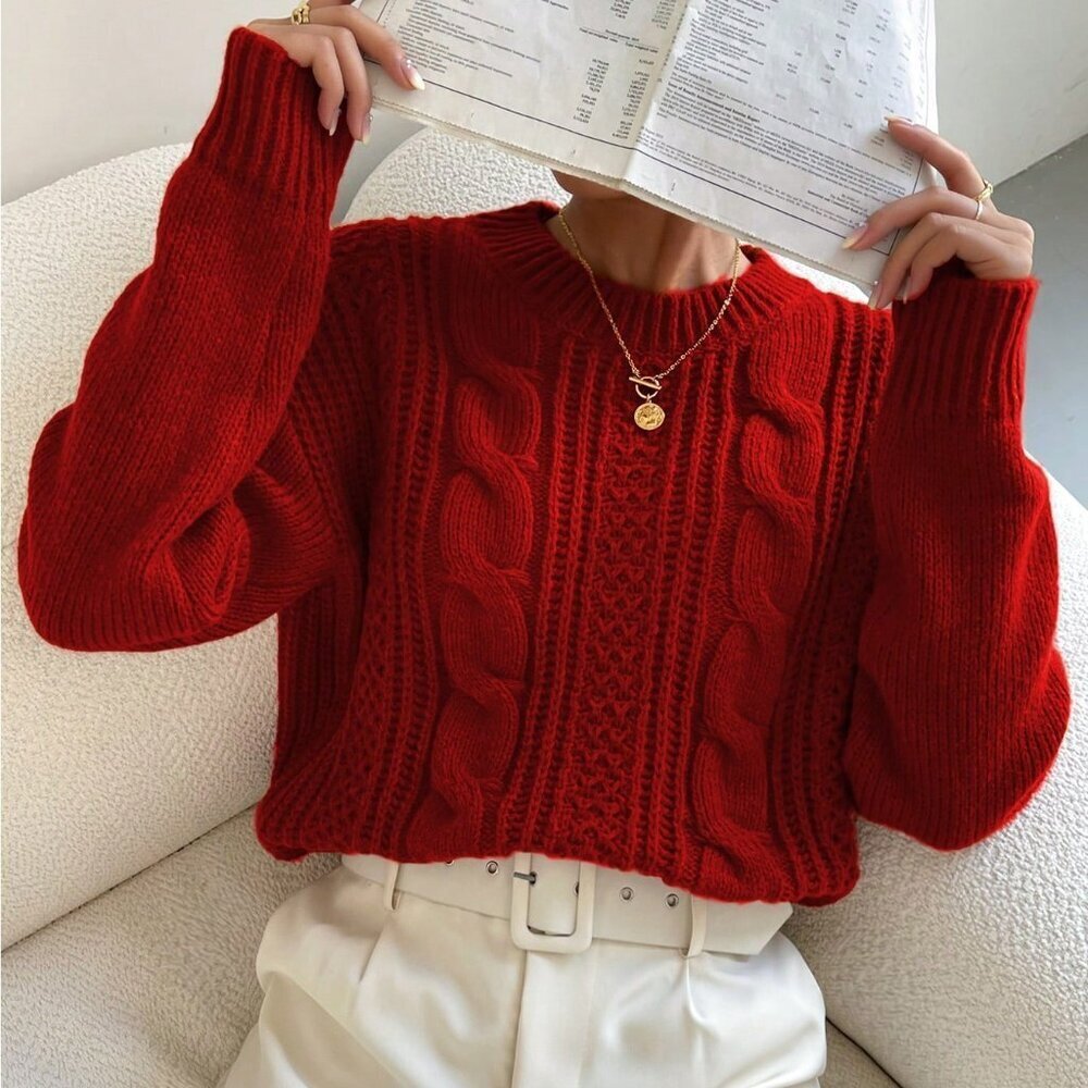 Red Casual Women's Round Neck Sweater Pullover Long Sleeve Knit Top